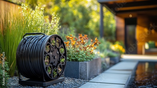 Garden hose reel in a beautifully landscaped backyard during a sunny afternoon