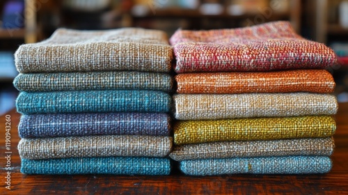 Stacked colorful linen napkins neatly arranged on a wooden table near a window
