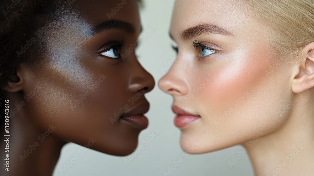 Close-up portrait of two young females highlighting diversity and beauty Close-up portrait of two young females highlighting diversity and beauty