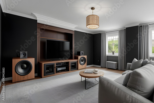 modern living room with home theatre system wooden subwoofers