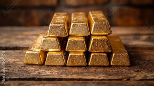 Gold bars stacked on a rustic wooden table in a well-lit environment