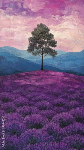 Vibrant lavender field under a colorful sunset with a lone tree on a hill