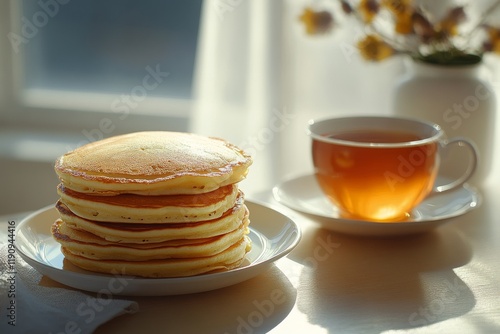 Fluffy pancakes served with a warm cup of tea in a cozy morning setting