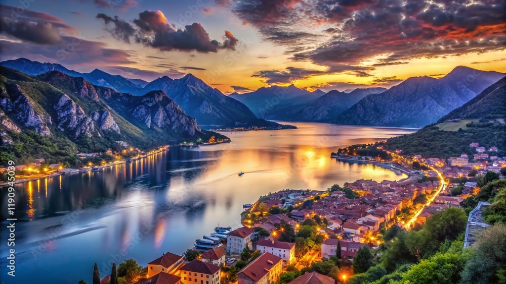 Obraz premium Panoramic Night View of Kotor Bay, Montenegro - Dramatic Low Light Adriatic Coastline