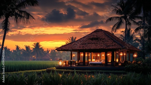 Stunning sunset over lush resort with traditional architecture in a tropical ...