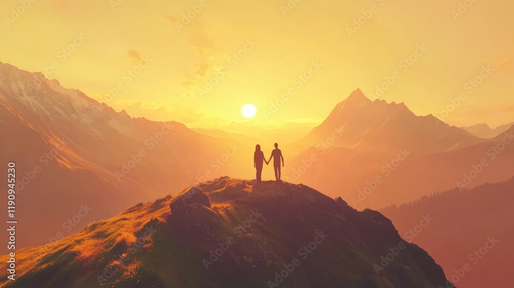 A peaceful mountaintop at sunrise with two people holding hands, gazing at the horizon, symbolizing new beginnings and personal growth in the golden glow of morning light A peaceful mountaintop at sunrise with two people holding hands, gazing at the horizon, symbolizing new beginnings and personal growth in the golden glow of morning light