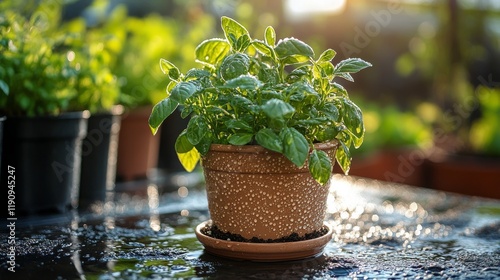 Watering plants in a lush garden on a rainy day with a blue watering can