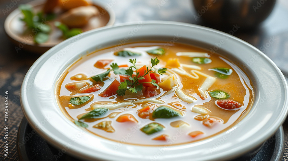 A bowl of hearty vegetable soup, garnished with fresh herbs. Perfect for a cozy meal. A bowl of hearty vegetable soup, garnished with fresh herbs. Perfect for a cozy meal.