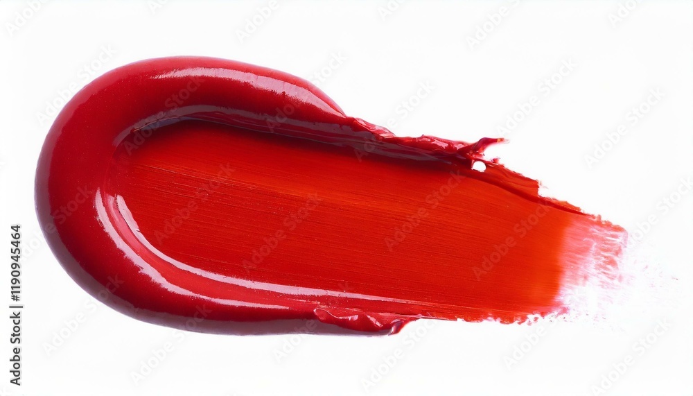 Red lipstick smear smudge swatch isolated on white background, cream makeup texture, color cosmetic product brush stroke swipe close up. Red lipstick smear smudge swatch isolated on white background, cream makeup texture, color cosmetic product brush stroke swipe close up.