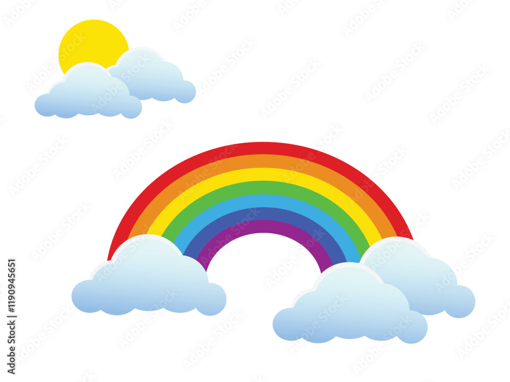 Rainbow with Sun and Clouds isolated on white background. Vector illustration Rainbow with Sun and Clouds isolated on white background. Vector illustration