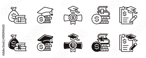 scholarship school tuition icon line set university financial cost money loan student college graduation debt signs vector outline illustration