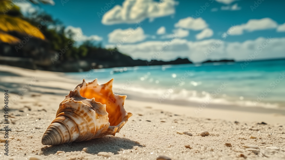 conch shell rests on sandy beach under bright blue sky, with turquoise ocean waves gently lapping shore and fluffy clouds in background, creating serene coastal scene conch shell rests on sandy beach under bright blue sky, with turquoise ocean waves gently lapping shore and fluffy clouds in background, creating serene coastal scene