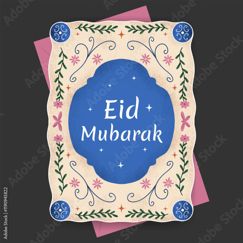 Eid mubarak template with flower, plant and arch border illustration for greeting card or poster.