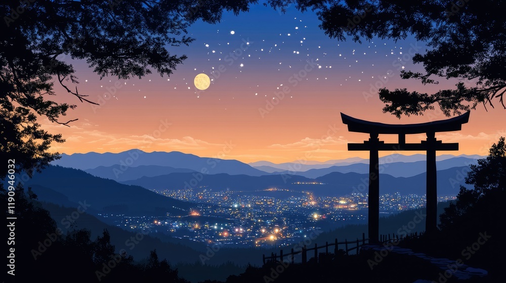 A serene night landscape featuring a silhouetted Torii gate on a hillside in the foreground A serene night landscape featuring a silhouetted Torii gate on a hillside in the foreground