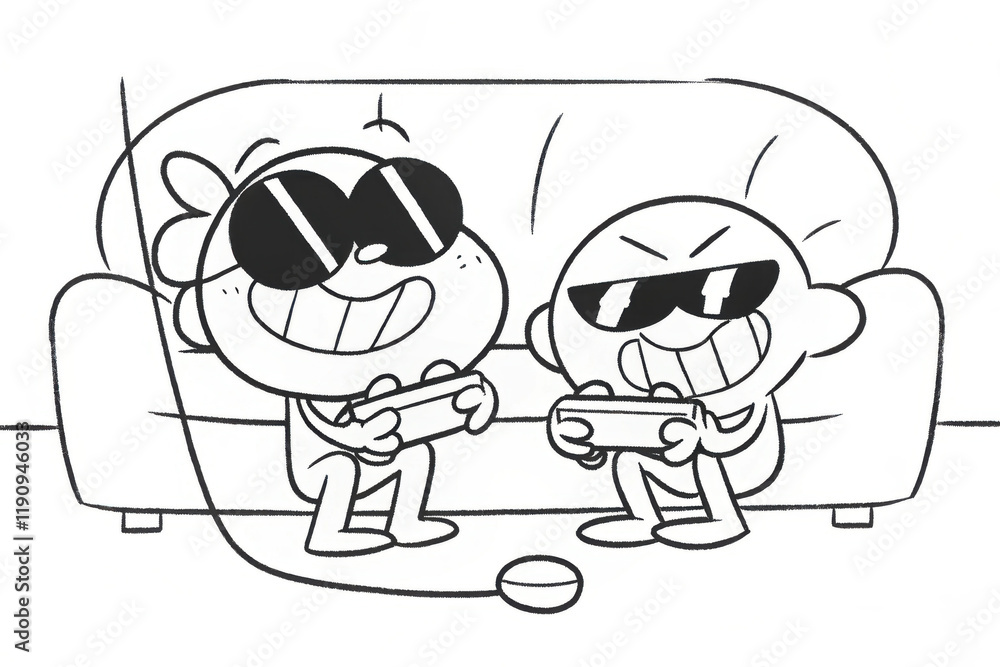 Fototapeta premium Cartoon duo playing video games on a couch, black and white drawing