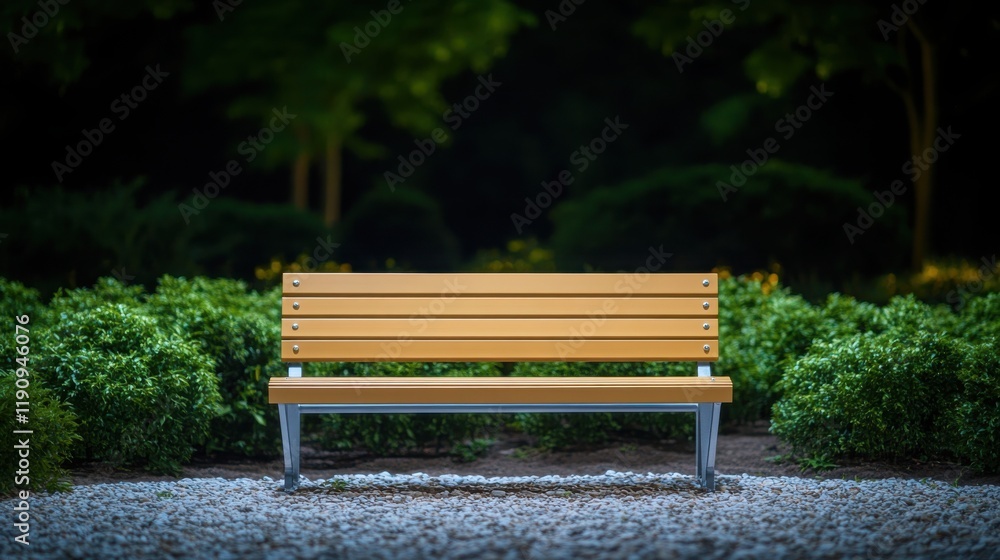 Modern wooden bench surrounded by lush greenery in a tranquil park setting at night Modern wooden bench surrounded by lush greenery in a tranquil park setting at night
