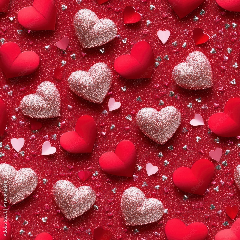 A Festive Abstract Arrangement of Small Pink Glitter Hearts and Red Petals on a Vibrant Background for Celebratory Themes A Festive Abstract Arrangement of Small Pink Glitter Hearts and Red Petals on a Vibrant Background for Celebratory Themes