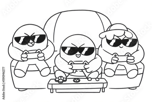 Cartoon trio playing video games on a sofa, black and white illustration