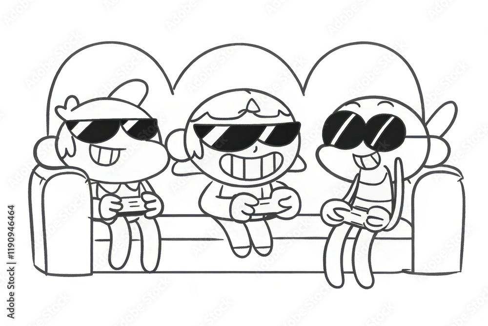 Cartoon group gaming on a couch, playful black and white art Cartoon group gaming on a couch, playful black and white art