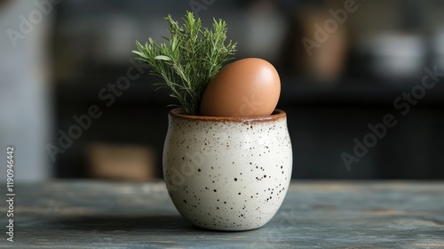 Beautiful speckled vase with eggs and greenery arranged on a wooden shelf in ...