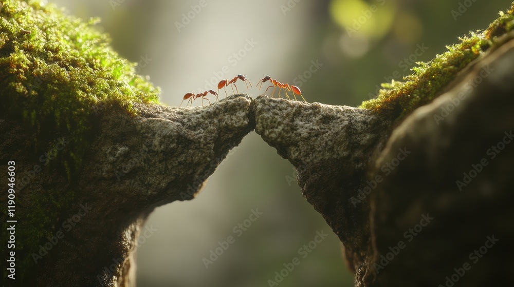 Obraz premium Ants collaborating across rocky gap in lush forest, showcasing teamwork and nature's resilience on a mossy landscape, close-up.