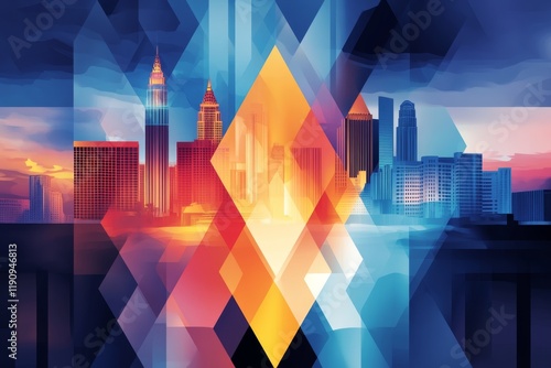 A geometric depiction of the Las Vegas skyline, featuring simplified silhouettes of landmarks in neon-inspired colors photo