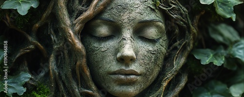 Wallpaper Mural Statue of a woman covered in moss and vines, surrounded by forest roots and plants, Guardian of Nature, Nymph, dryad, fairy spirit in the woods, mystical and legendary Torontodigital.ca