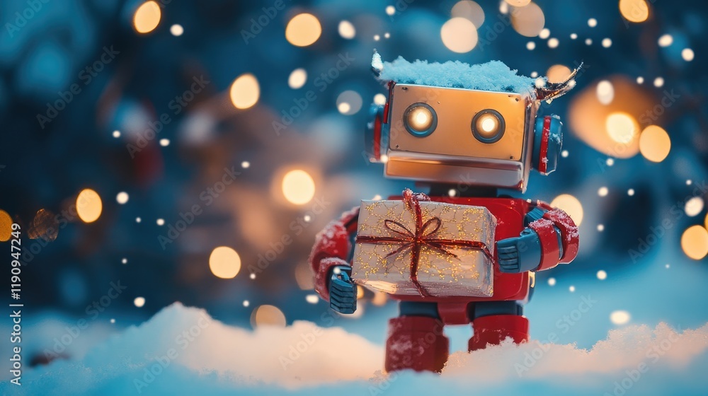 Fototapeta premium A robot in a snowy landscape, holding a beautifully wrapped Christmas gift, with holiday lights surrounding it, blending technology with festive holiday spirit