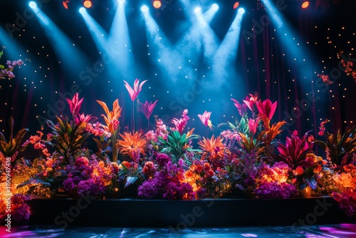 Vibrant floral stage setup illuminated by dramatic lighting for a performance...