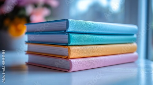 Colorful stacked notebooks on a table with flowers in the background during d...
