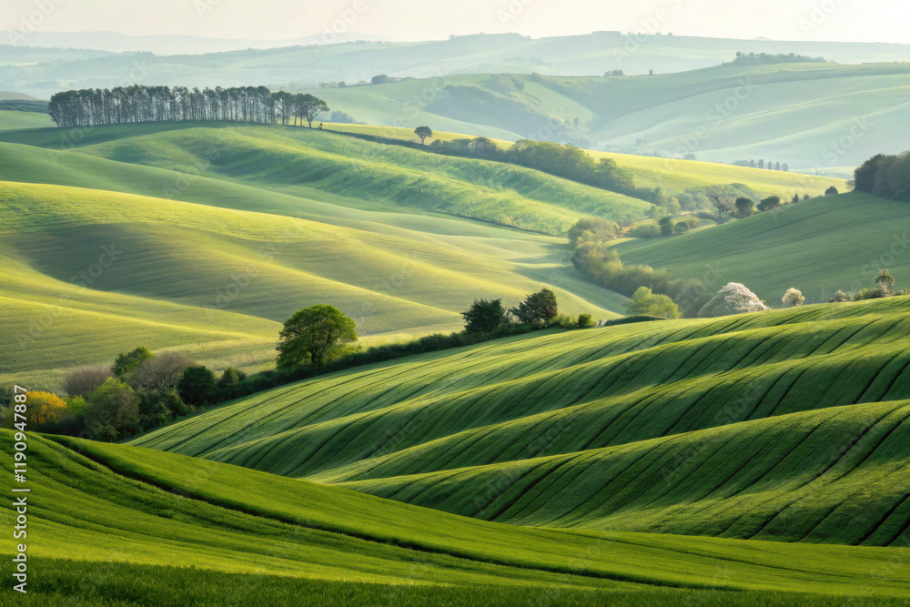 Naklejka premium Rolling green hills in morning light, tranquil rural scenery