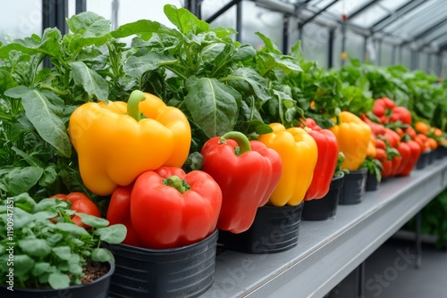 A greenhouse filled with rows of fresh vegetables like lettuce, cucumbers, and bell peppers growing in abundance photo