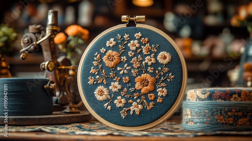 Colorful embroidery hoop with polka dot pattern displayed against a turquoise...