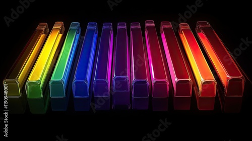 A close-up view of piano keys with each white key painted in a different bright color photo