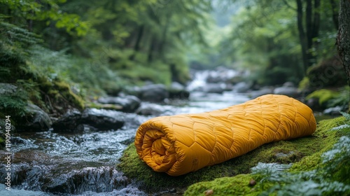 Rolling camping mat rests beside a peaceful forest stream during a sunny afte...