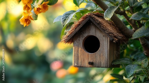 Wooden birdhouse hanging from a tree branch surrounded by vibrant flowers in ...
