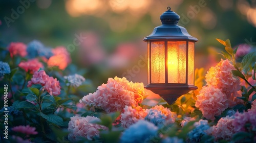 Lantern illuminating vibrant garden flowers during twilight hours