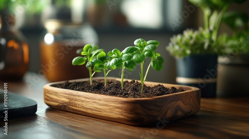 Young watermelon plant growing in wooden box on fertile soil under bright light