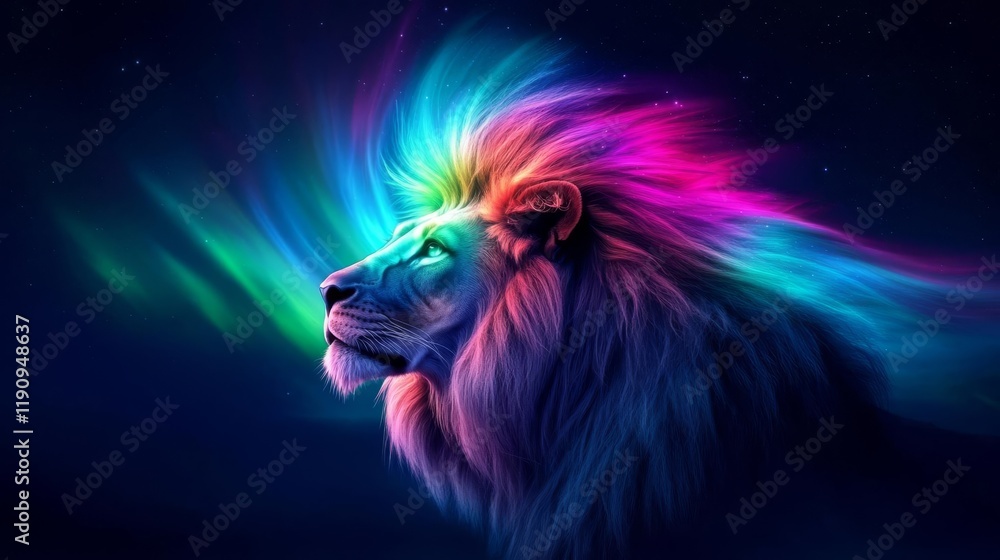 Naklejka premium Celestial lion with a mane glowing like a vibrant aurora, blending cosmic energy with strength