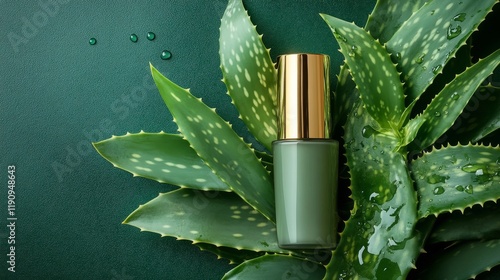 Green aloe vera plant beside a sleek black bottle on a textured stone surface