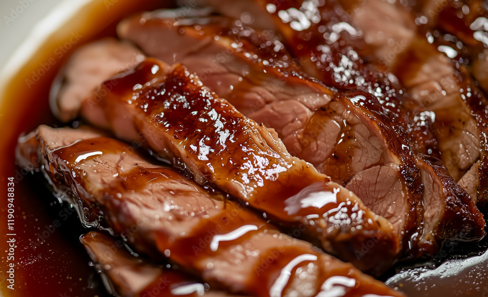 Tender beef slices coated in rich brown sauce served on a plate, showcasing a delicious meal option Tender beef slices coated in rich brown sauce served on a plate, showcasing a delicious meal option