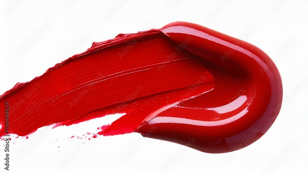 Fototapeta premium Red lipstick smear smudge swatch isolated on white background, cream makeup texture, color cosmetic product brush stroke swipe close up.