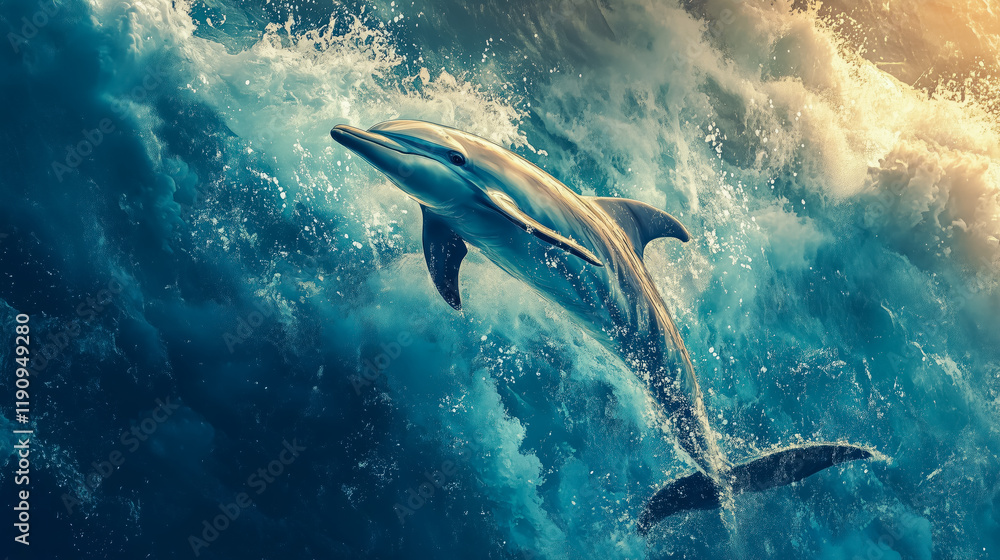 Naklejka premium Dolphin leaps gracefully through ocean waves under a vibrant sunset sky