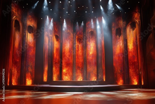 Dramatic theater stage design with vibrant lighting and textured backdrop for...