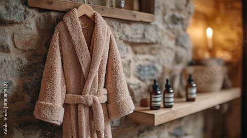 Spa relaxation with essential oils and cozy robe on wooden shelf in tranquil ...