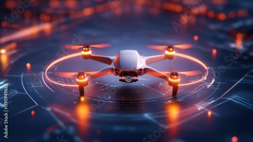 Futuristic Drone Hovering Over Digital Data Holograms. Generative AI photo