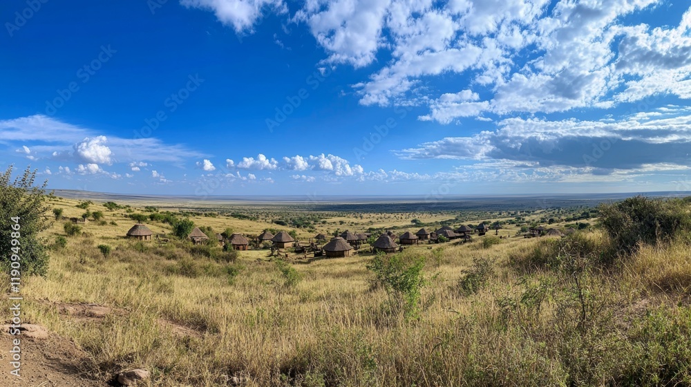 Obraz premium African Savanna Landscape with Traditional Huts
