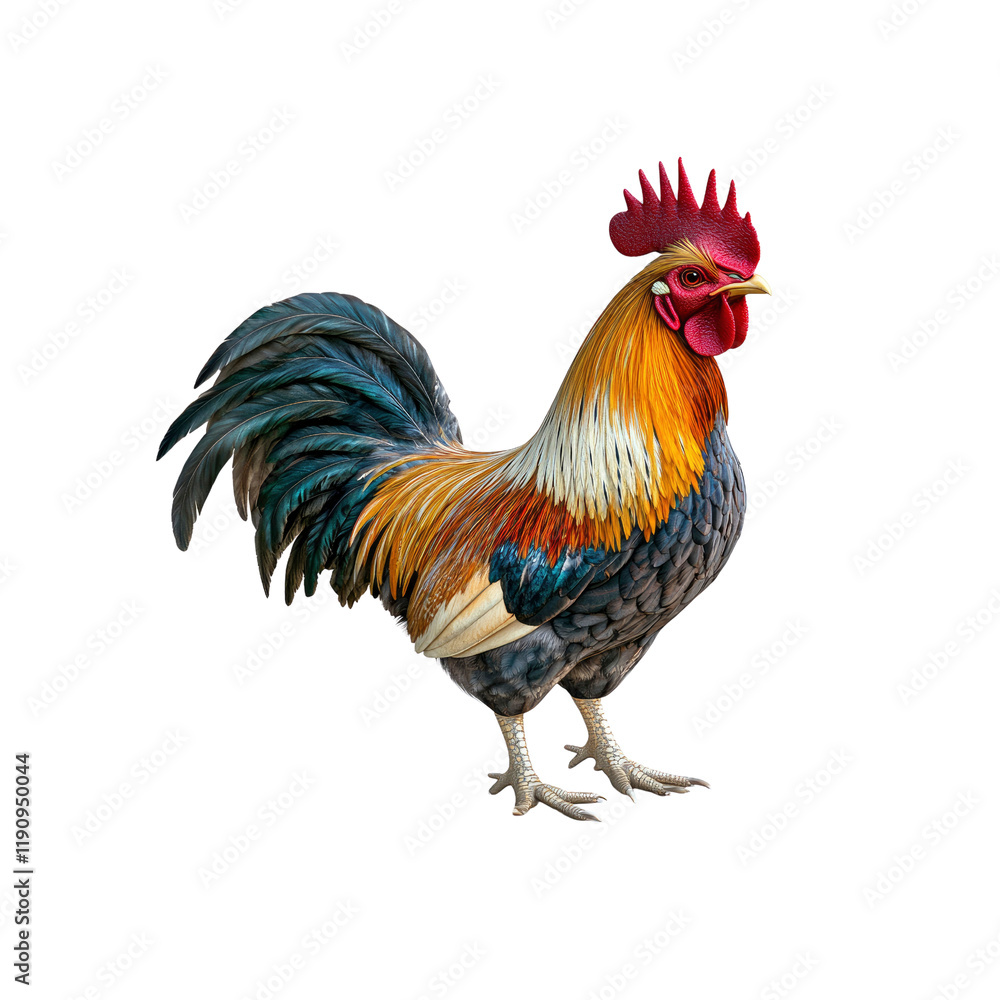 Fototapeta premium Majestic Rooster with Vibrant Plumage Against Transparent background