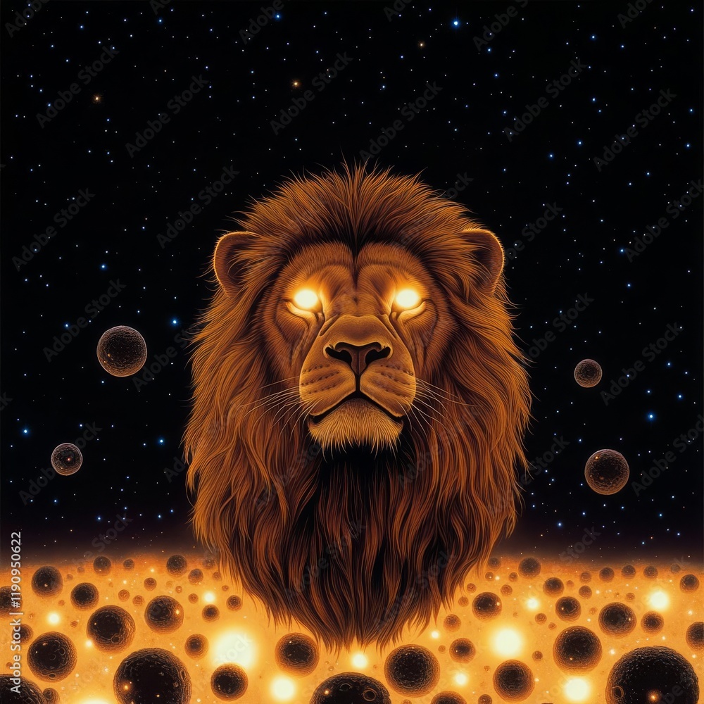 Fototapeta premium Celestial lion with glowing eyes, standing proudly amidst a field of luminous asteroids