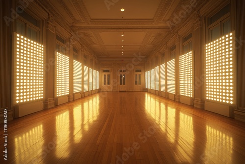 Brightly lit empty hall with glowing lights on walls for creative activities ...